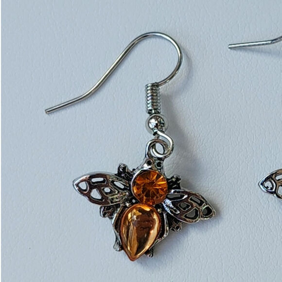 Dainty Bee Drop Earrings Amber Color Faux Jewel on Silver Tone Metal - Picture 2 of 3